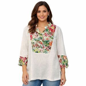 Soft Surroundings Tunic Blouse Womens Large White Floral Lace Henley 3/4 Sleeve